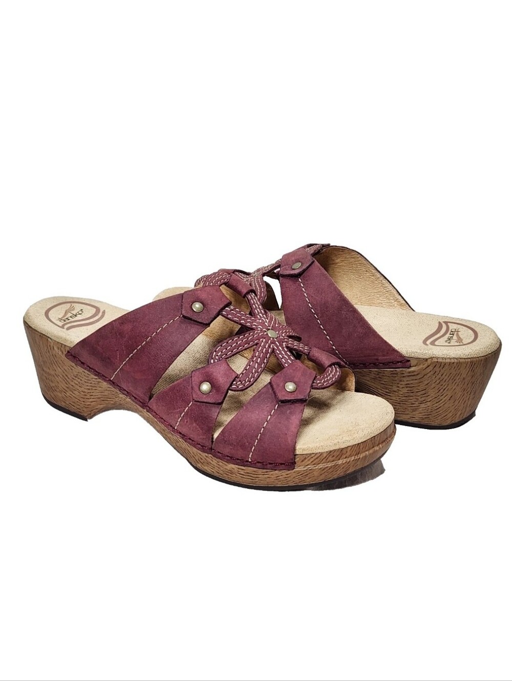 DANSKO Serena Floral Studded Cut-Out Leather Sandals Sz 39/9 Pink Wedge Mules